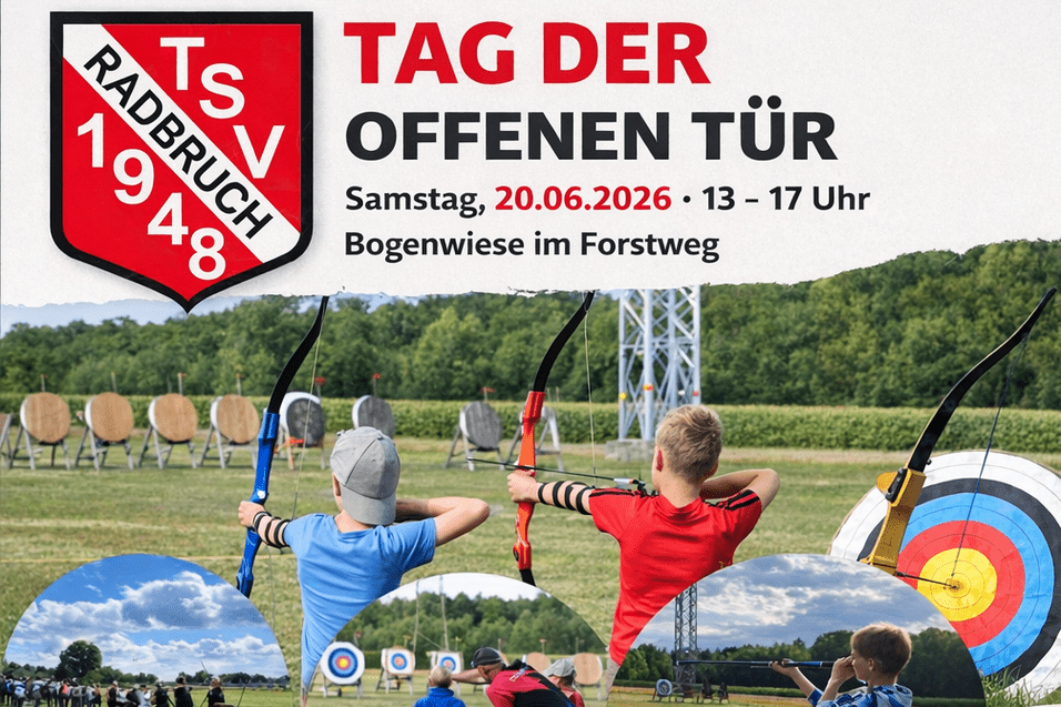 Buntes Veranstaltungsplakat für den Tag der offenen Tür mit Bogenschießen und kulinarischen Angeboten.