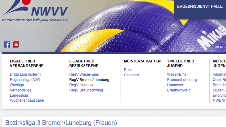 Logo des Nordwestdeutschen Volleyball-Verbandes mit einem Volleyball im Vordergrund und Menüleiste darunter.