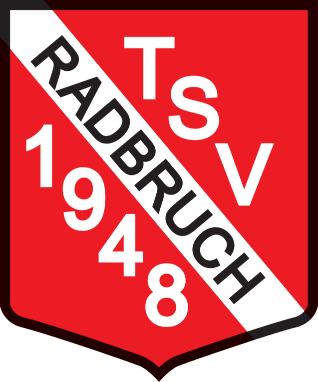 Wappen des TSV Radbruch, rot mit wei&szlig;er diagonaler Schrift: TSV, RADBRUCH, 1948.