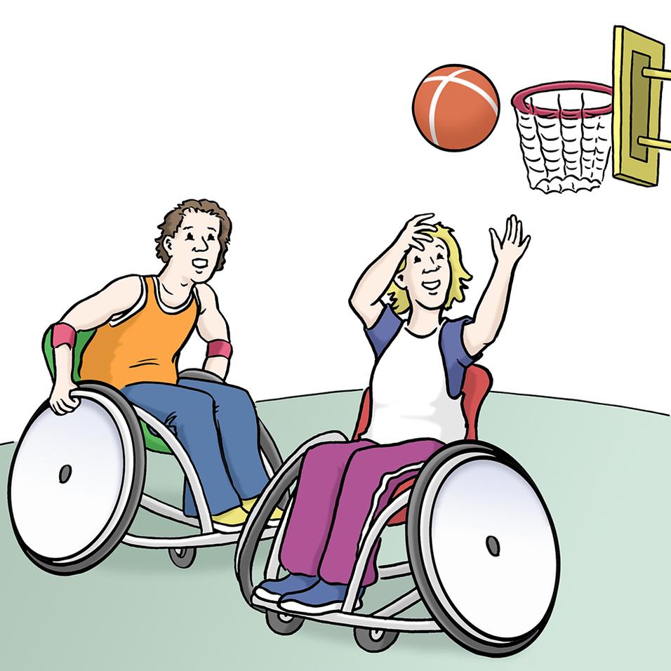 Zwei Kinder im Rollstuhl spielen Basketball, w&auml;hrend einer von ihnen einen Wurf auf den Korb ausf&uuml;hrt.