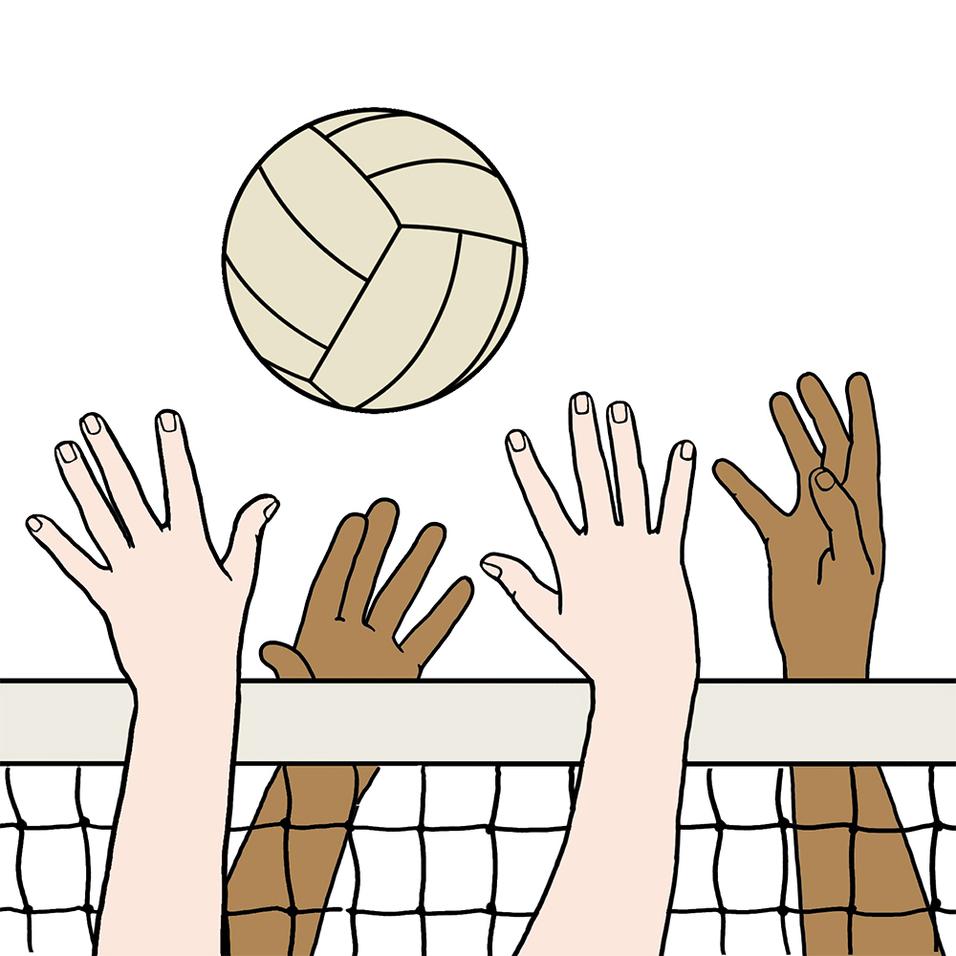 Zwei Hände heben sich über ein Volleyballnetz, während ein Volleyball darüber schwebt.