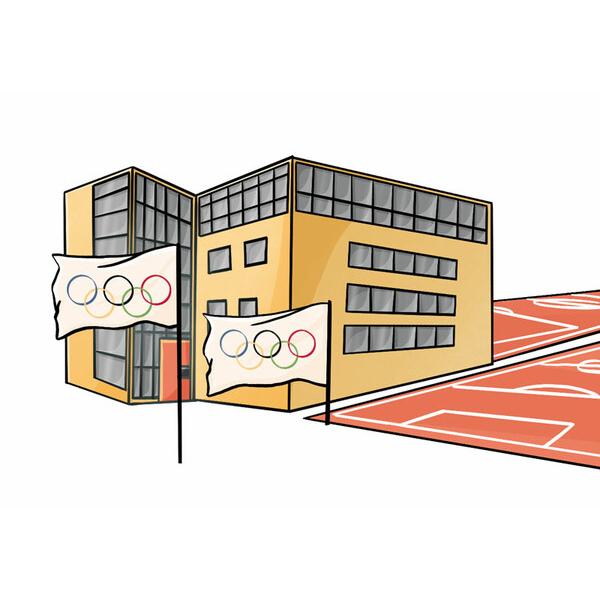 Illustration eines modernen Gebäudes mit Olympiageländern im Vordergrund auf einem Sportplatz.