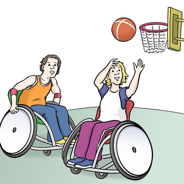 Zwei Kinder im Rollstuhl spielen Basketball, während einer von ihnen einen Wurf auf den Korb ausführt.