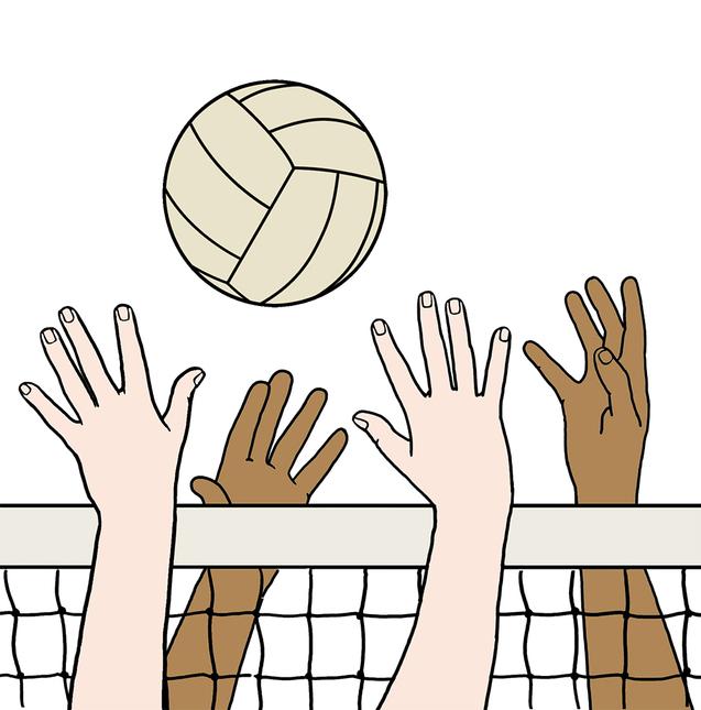 Zwei Hände heben sich über ein Volleyballnetz, während ein Volleyball darüber schwebt.