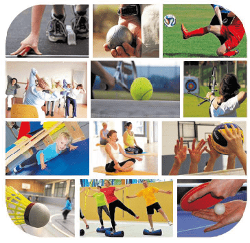 Collage von Sportaktivit&auml;ten: verschiedene Sportarten, &Uuml;bungen und Kinder beim Spielen in unterschiedlichen Umgebungen.
