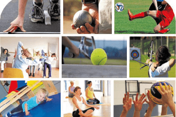 Collage von Sportaktivit&auml;ten: verschiedene Sportarten, &Uuml;bungen und Kinder beim Spielen in unterschiedlichen Umgebungen.